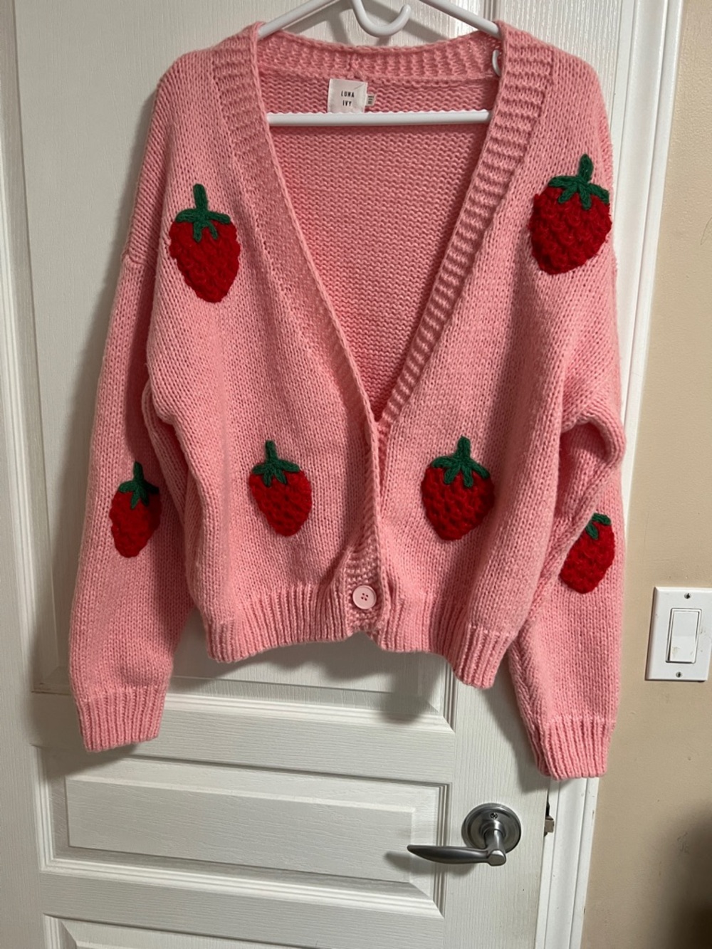 Luna Ivy Pink Strawberry Appliqué V-Neck Cardigan Sweater - Picture 2 of 12